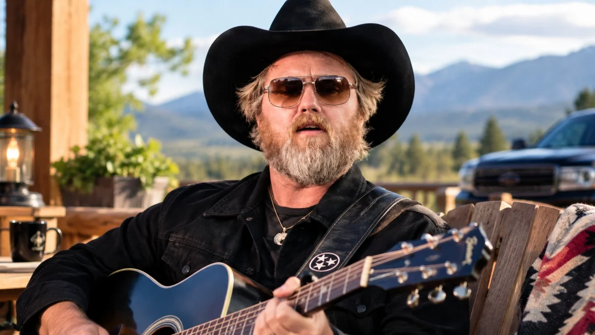 Ernest Net Worth personal lifestyle image of a bearded musician playing an acoustic guitar in a scenic country setting.