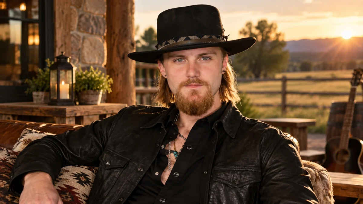 Jackson Dean Net Worth and lifestyle portrait of the country singer relaxing in a rustic countryside setting.