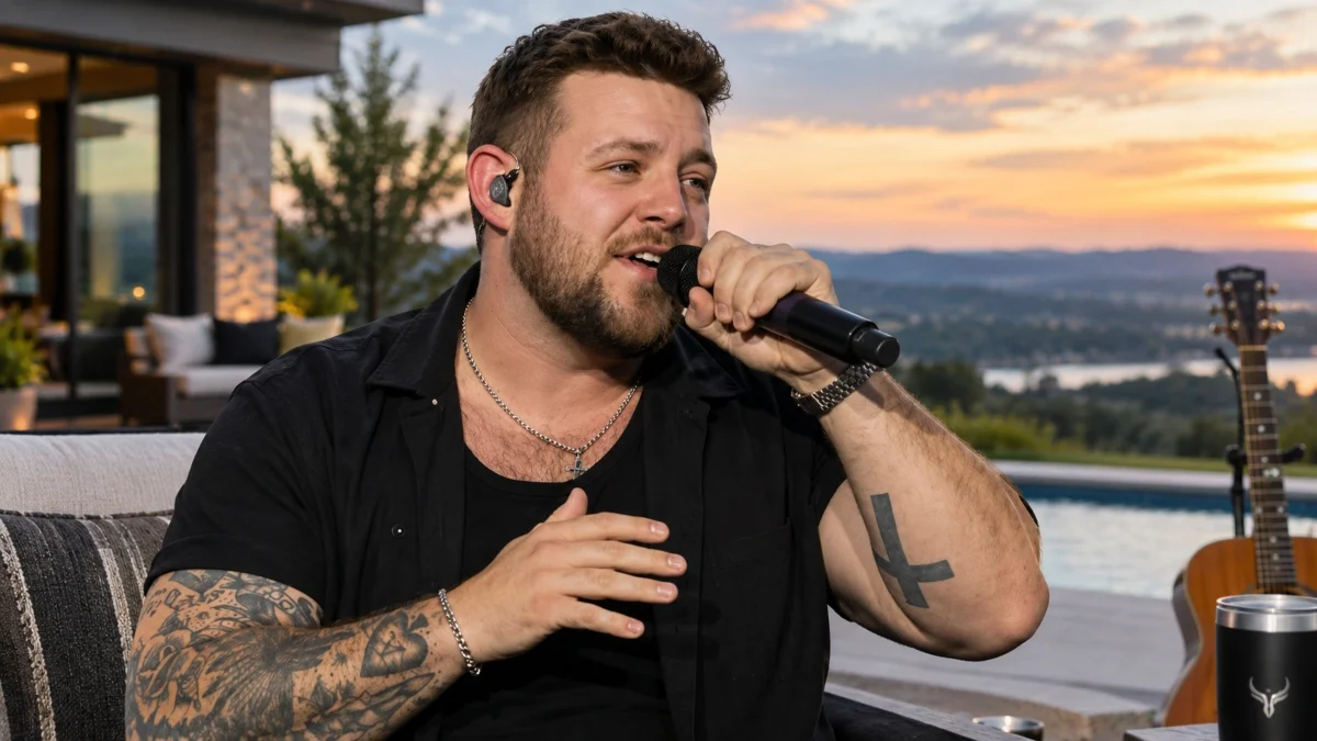 Kameron Marlowe Net Worth and lifestyle while performing outdoors at a luxury home with a pool and guitar.
