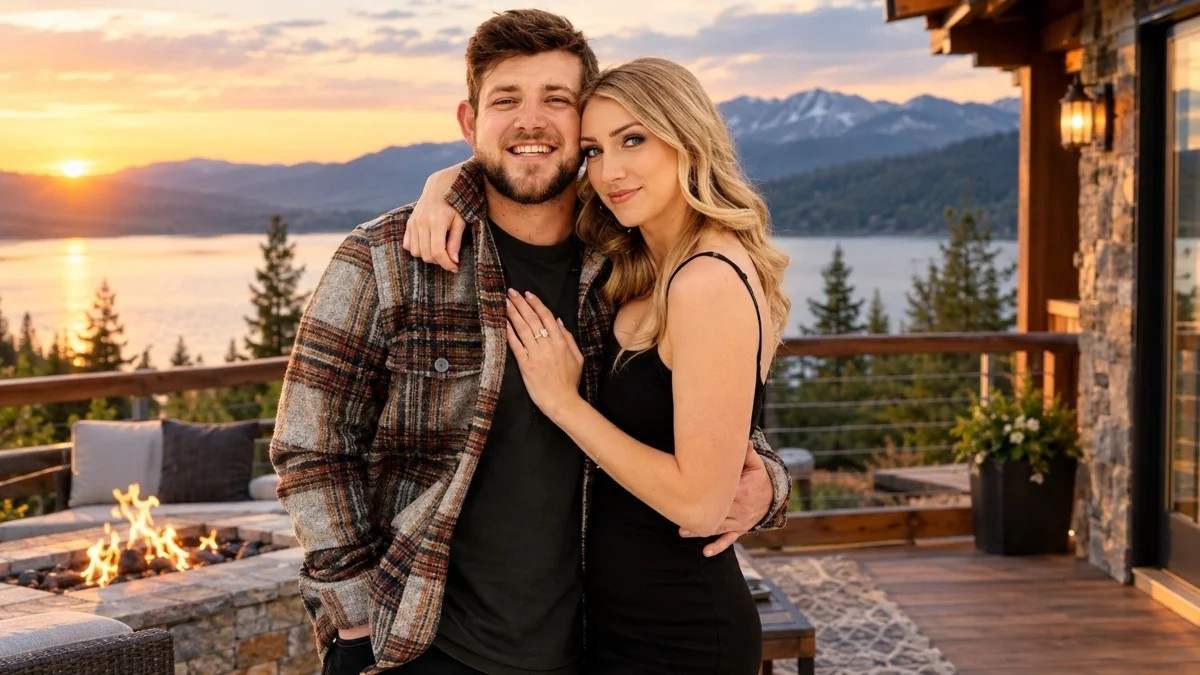 Kameron Marlowe Net Worth star sharing a romantic moment with his wife at a scenic mountain home.