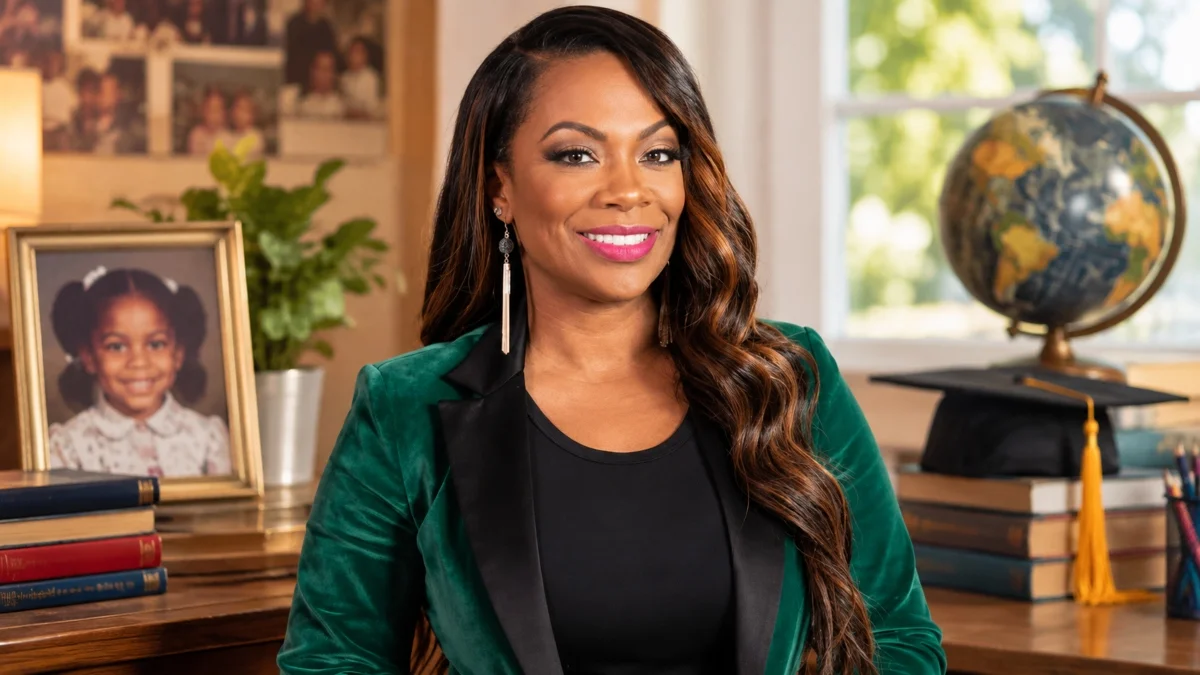 Kandi Burruss Net Worth early life portrait showing her in a green blazer in a study setting