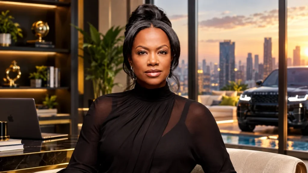 Kandi Burruss Net Worth portrait showing her in a stylish black outfit in a luxury setting