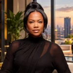 Kandi Burruss Net Worth portrait showing her in a stylish black outfit in a luxury setting