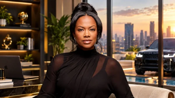 Kandi Burruss Net Worth portrait showing her in a stylish black outfit in a luxury setting
