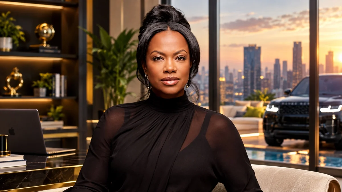 Kandi Burruss Net Worth portrait showing her in a stylish black outfit in a luxury setting