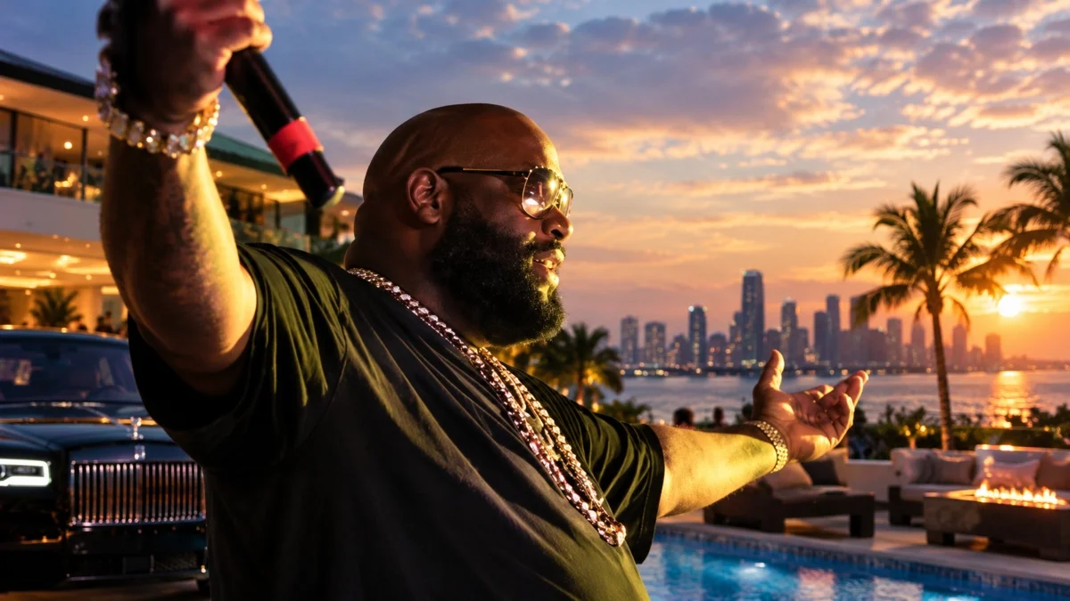 Rick Ross Net Worth showcasing luxury assets and lifestyle with designer jewelry, luxury car, private pool, and waterfront home