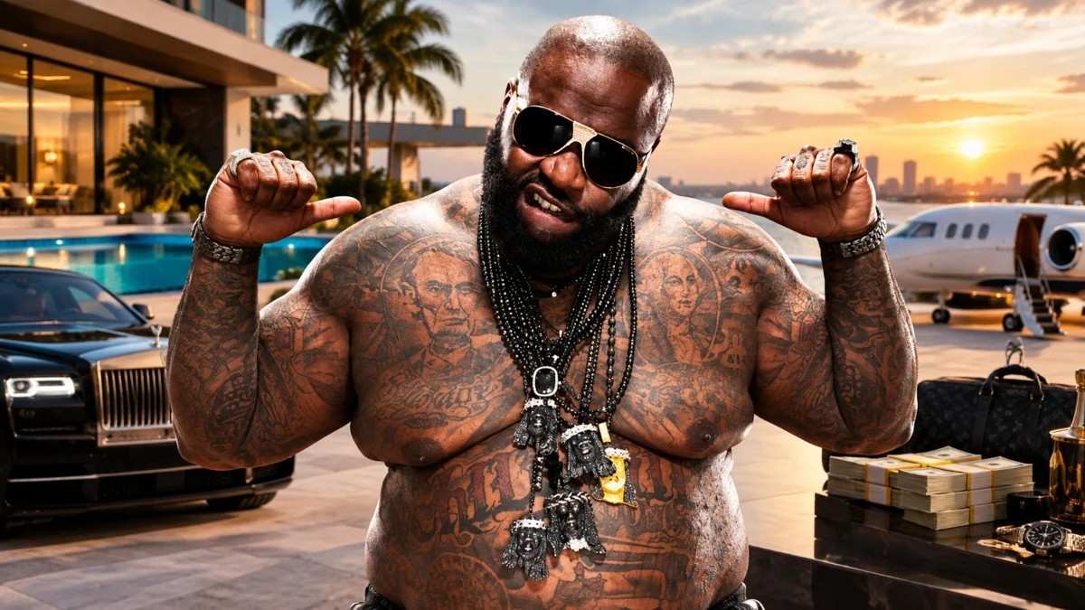 Rick Ross Net Worth and luxury lifestyle featuring Rick Ross with luxury cars, private jet, jewelry, and waterfront estate