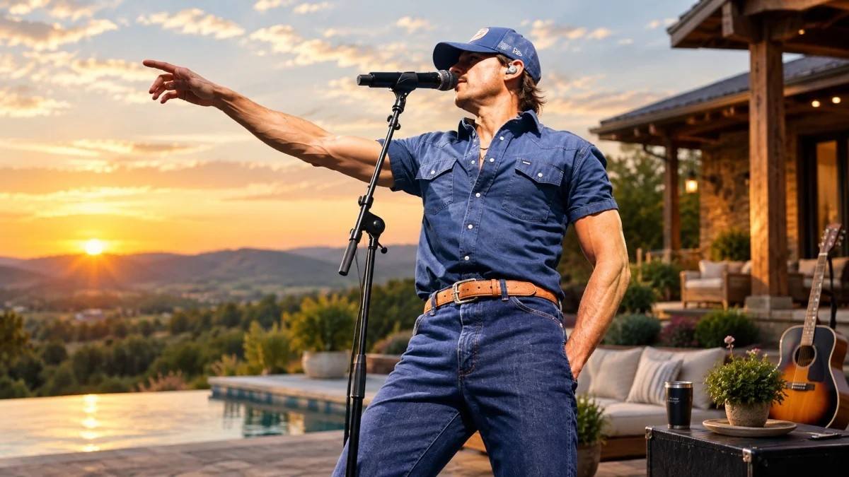 Country singer performing outdoors at sunset, representing the lifestyle and career success tied to Tucker Wetmore Net Worth.