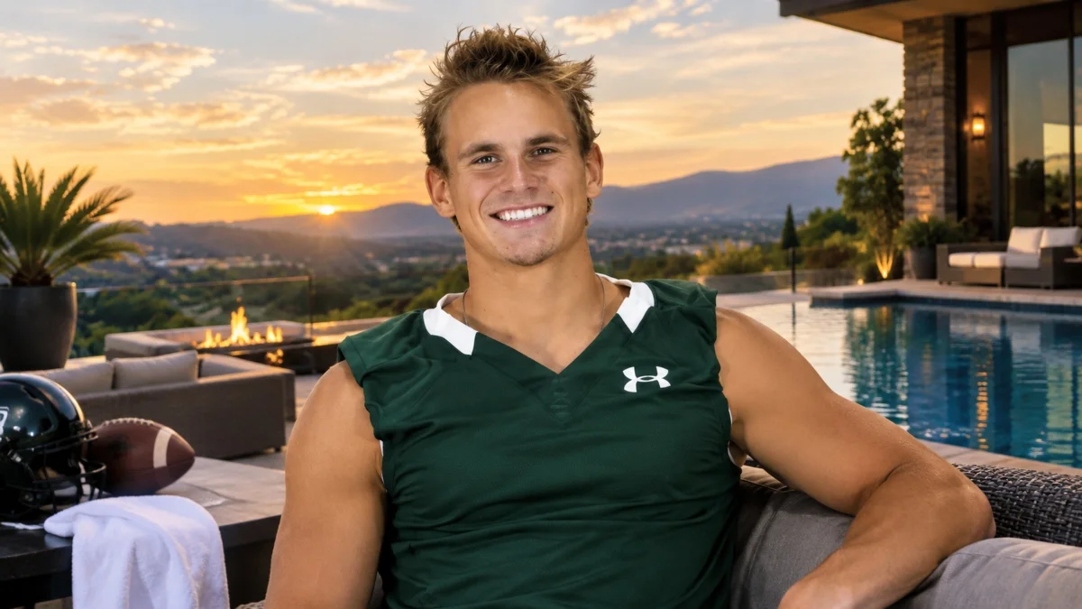 Smiling portrait of Tucker Wetmore sitting outdoors near a pool during sunset, showcasing the personal lifestyle associated with Tucker Wetmore Net Worth.