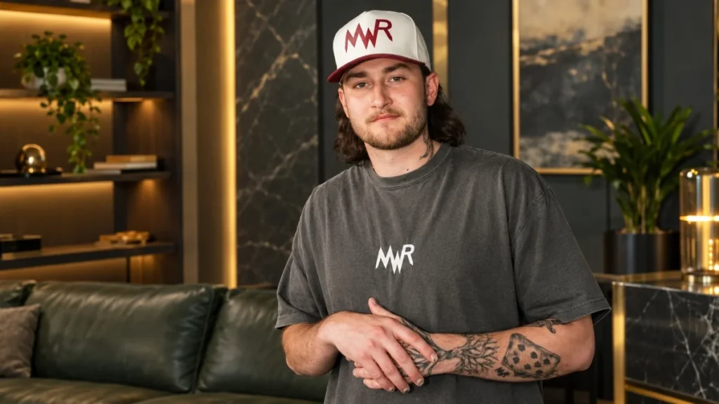 Austin Snell Net Worth portrait showing Austin Snell in a dark T-shirt and white cap in a modern lounge.