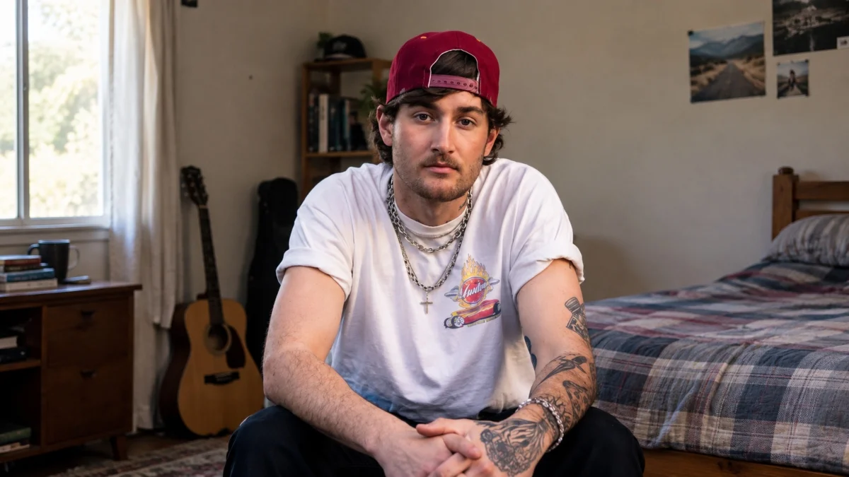 Austin Snell Net Worth early life image showing Austin Snell seated in a bedroom wearing a white T-shirt and backward maroon cap.