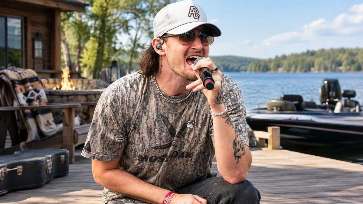 Austin Snell Net Worth and personal life, showing the country singer relaxing by a lake while holding a microphone.