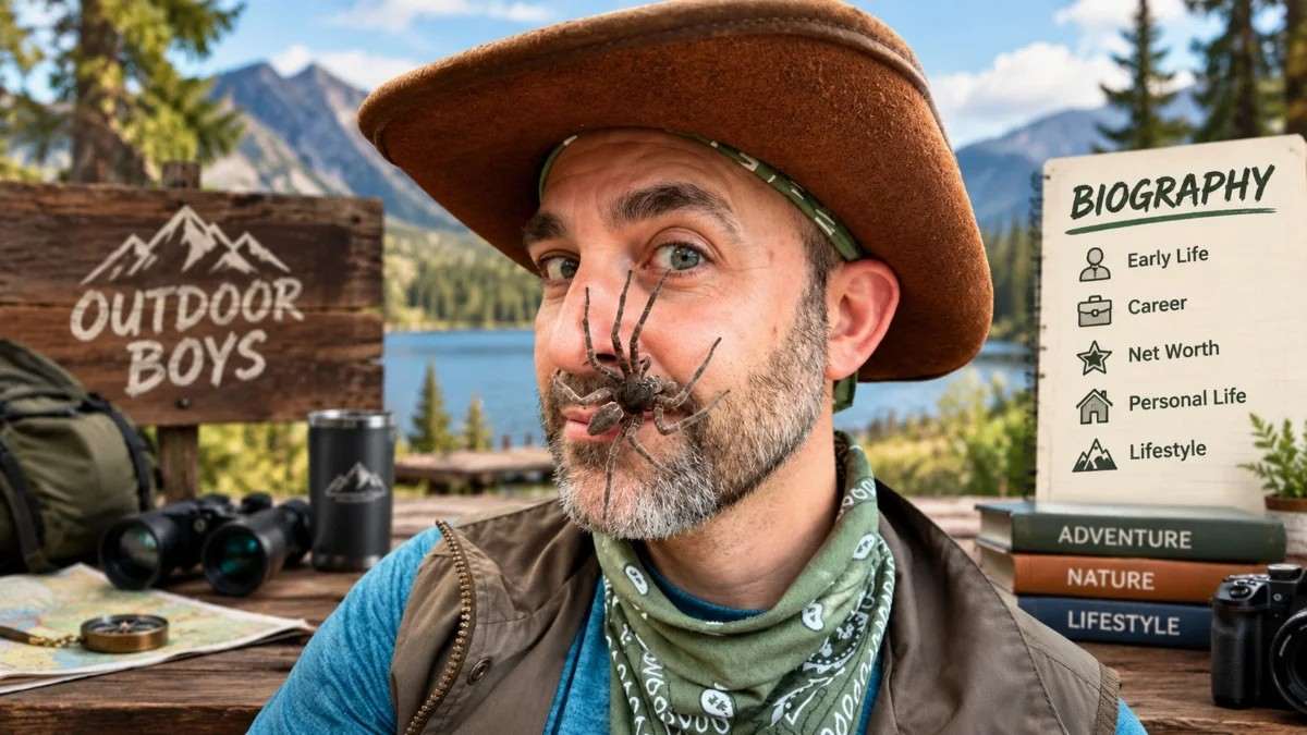 Coyote Peterson Net Worth and biography featuring the wildlife educator wearing a brown cowboy hat with a spider on his face, an Outdoor Boys sign, and a scenic mountain lake background.
