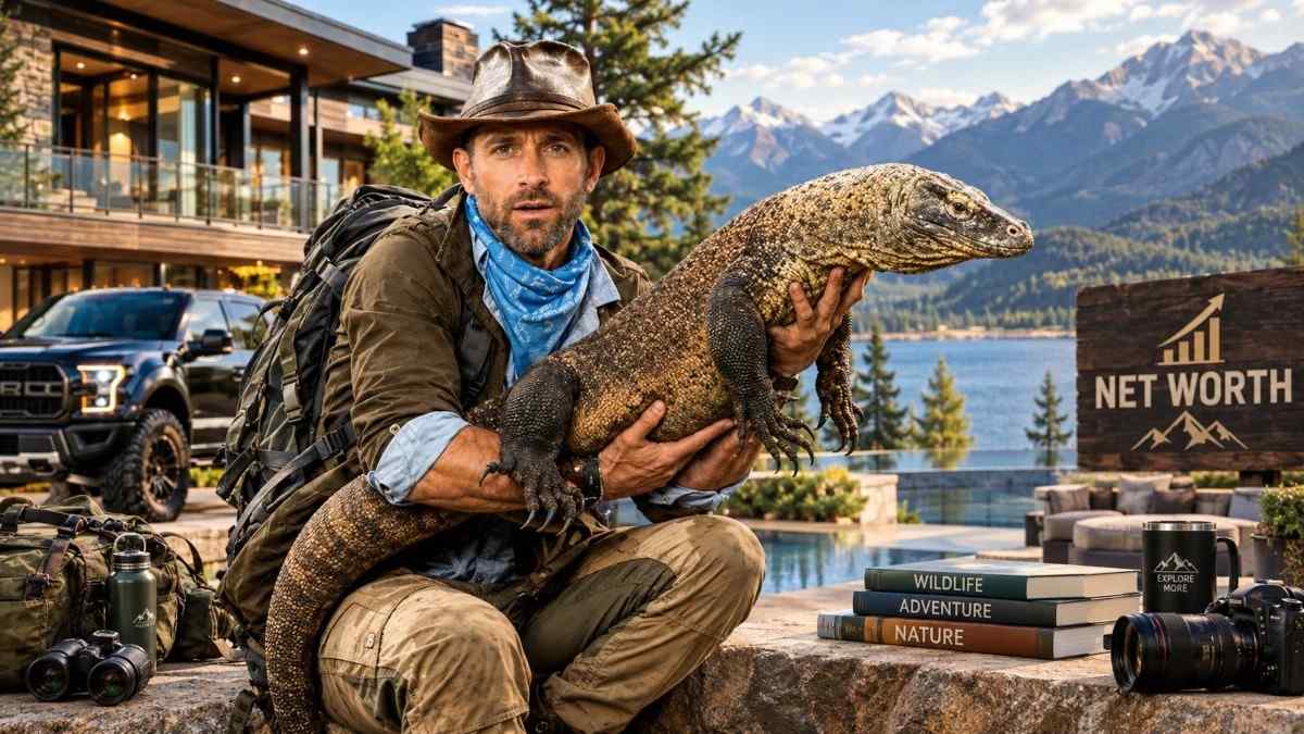 Coyote Peterson Net Worth style image featuring a wildlife explorer holding a large monitor lizard beside a luxury mountain home.