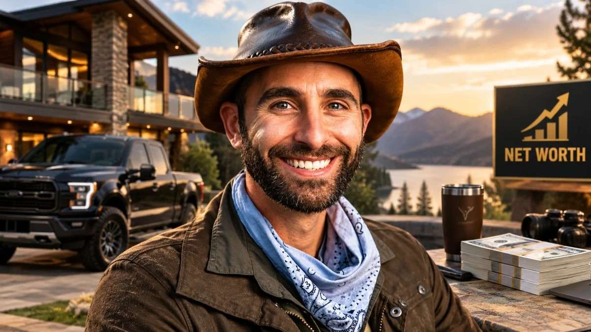Coyote Peterson Net Worth featuring Coyote Peterson in a cowboy hat against a luxury outdoor background with cash and a net worth sign.