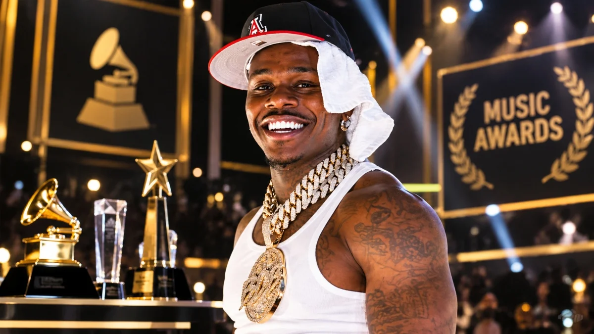 DaBaby Net Worth – rapper posing with music awards and trophies at an awards and recognition event.
