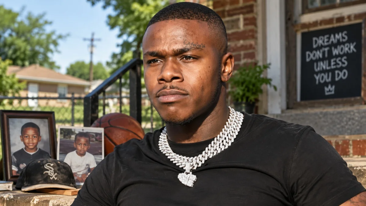 DaBaby Net Worth – rapper pictured with childhood photographs and personal memorabilia during an early life lifestyle moment.