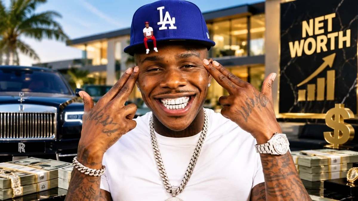 DaBaby Net Worth showing the rapper surrounded by cash, jewelry, and luxury lifestyle elements.